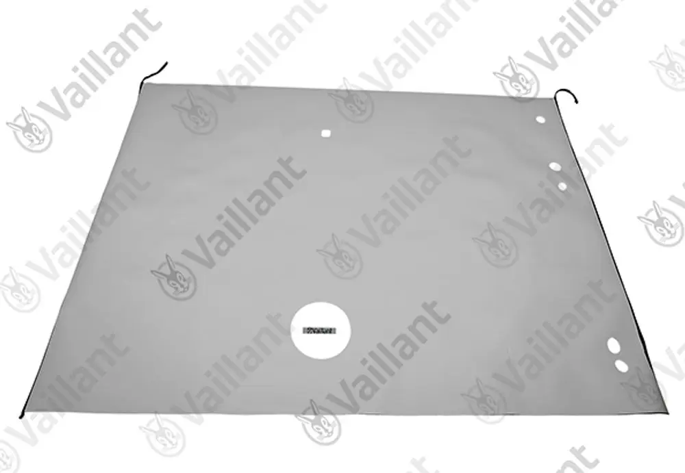 Vaillant Mantel in grauer Farbe mit mehreren Befestigungslöchern, geeignet für Heizungsinstallationen. Sichtbar ist das Vaillant-Logo im unteren Bereich.